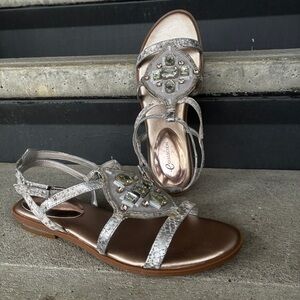 eCollection Silver snakeskin print Rhinestone Embellished flat Sandals